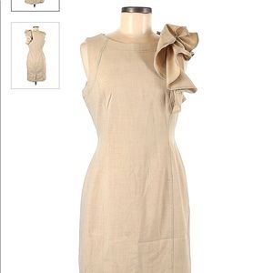Calvin Klein Tan Sheath Dress with Shoulder Ruffle - Size 12